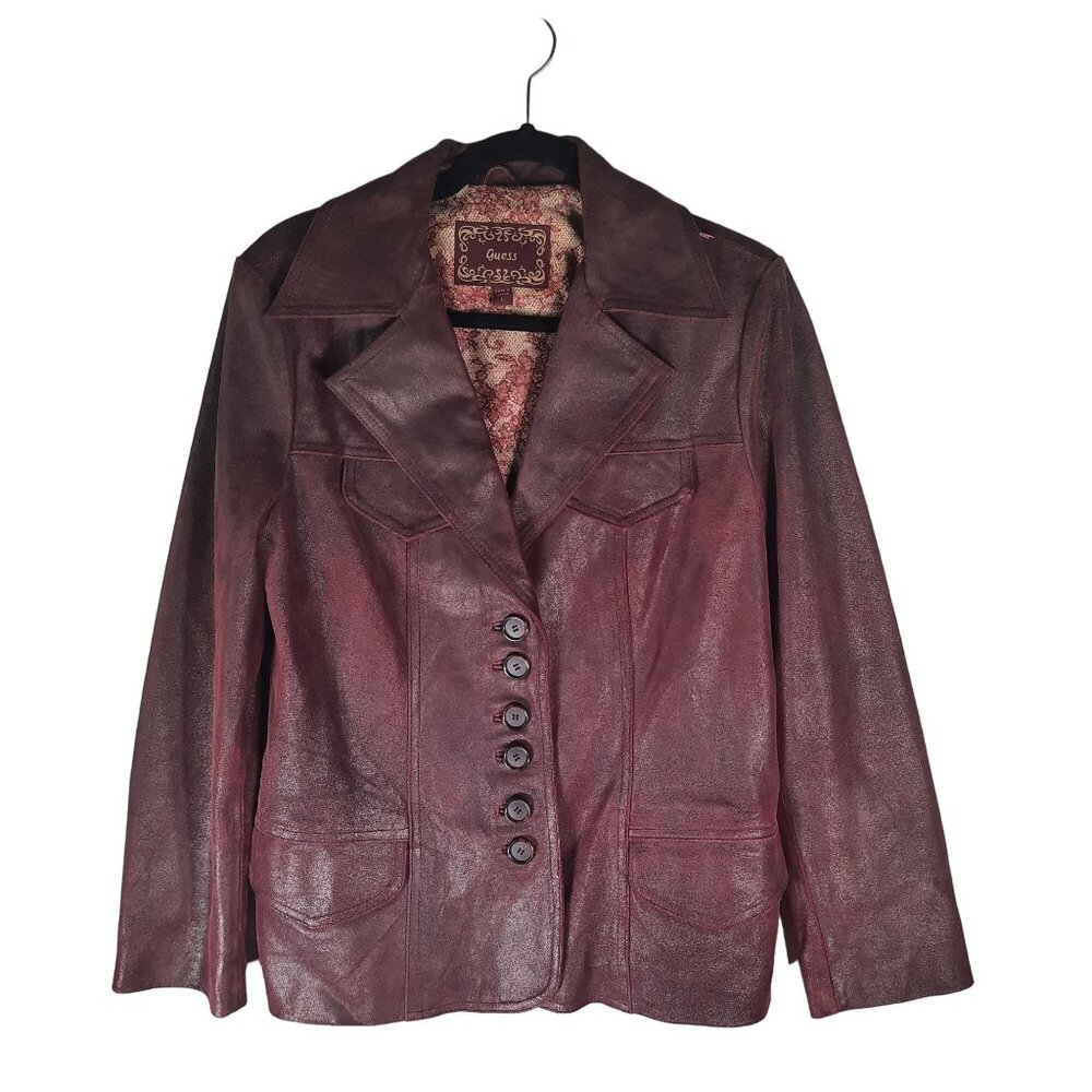 Guess Burgundy Suede Leather Lined Vintage Jacket Coat Y2K